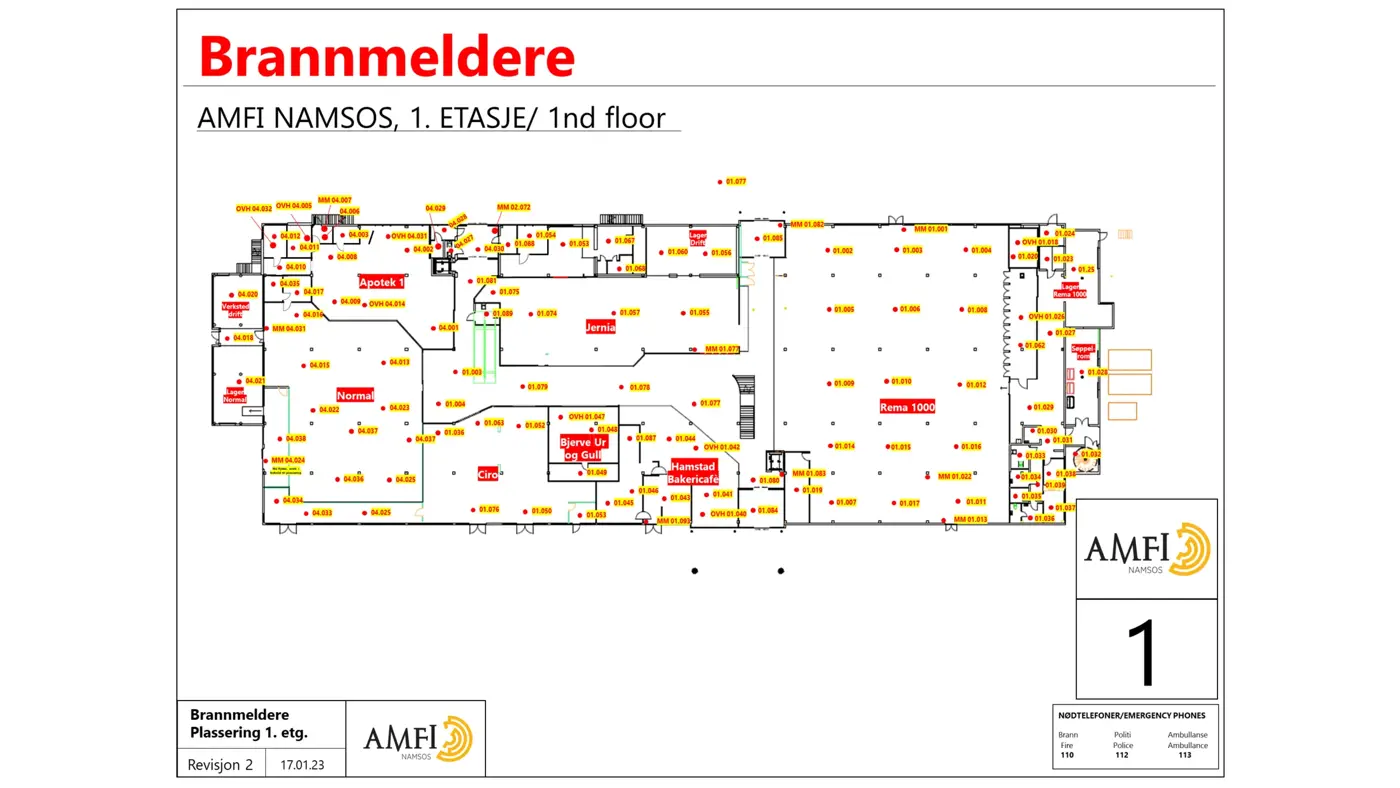 oversikt over brannmeldere på senteret