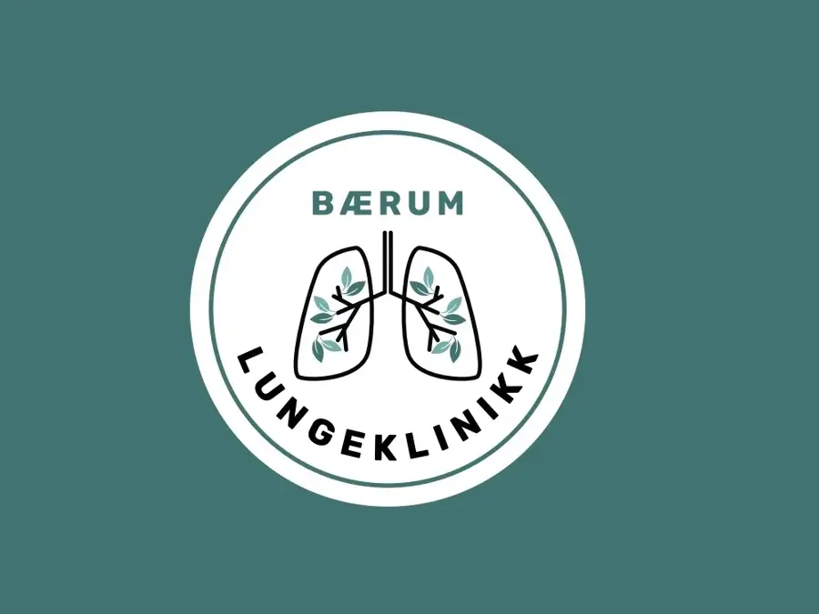 Bærum Lungeklinikk logo med skissetegning av 2 lunger i en hvit sirkel med grønn kontur og grønn bak
