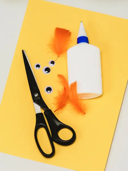 Gult ark, sort saks, fire øyne, tre oransje fjær og en limflaske