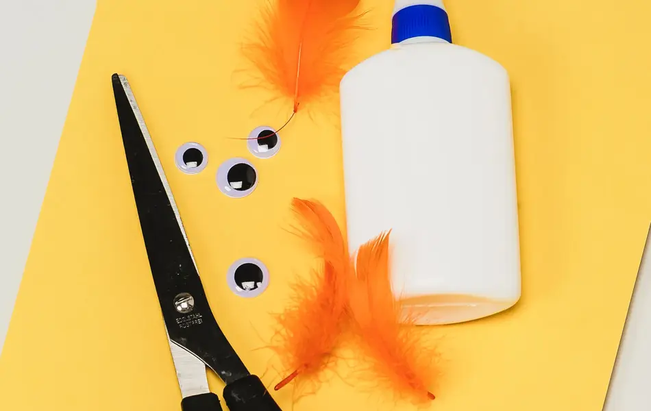 Gult ark, sort saks, fire øyne, tre oransje fjær og en limflaske