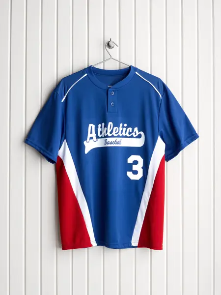 Bilde av en blå, hvit og rød sportstrøye på en henger på en krok 