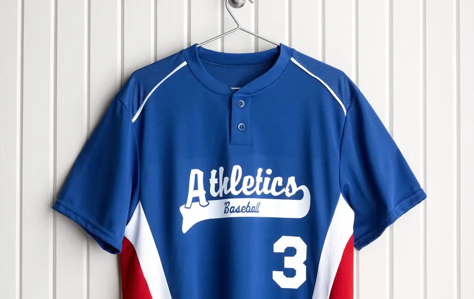 Bilde av en blå, hvit og rød sportstrøye på en henger på en krok 