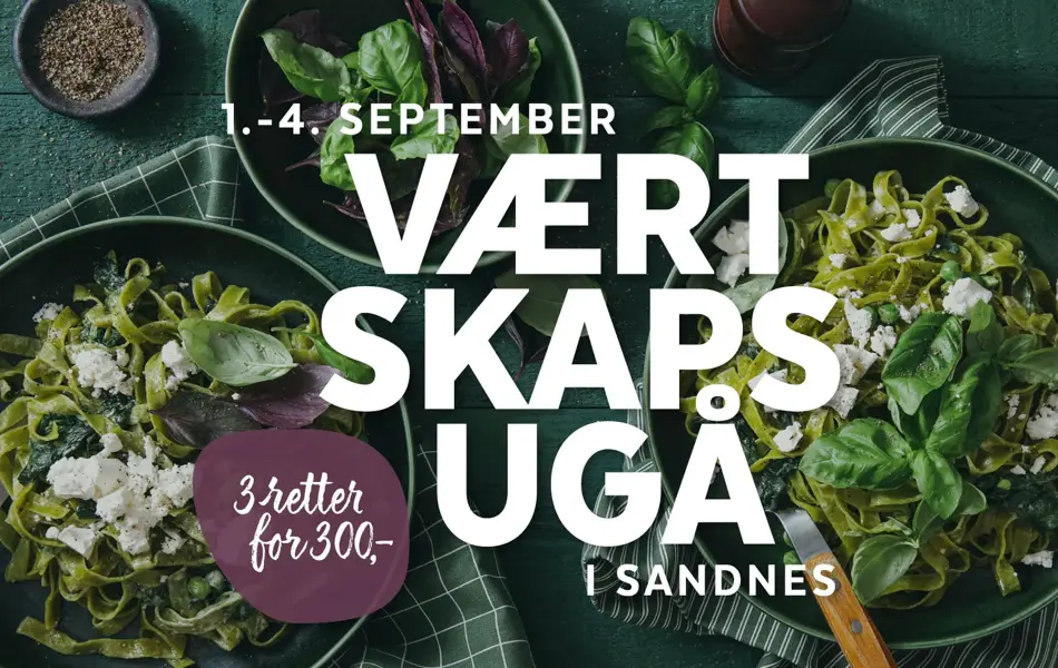 Tekstbilde: Værtskapsugå i Sandnes foran skåler med pasta pesto