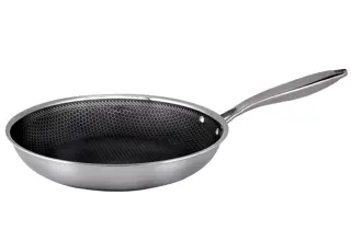 Stekepanne med mønstret stekeflate i rustfritt stål.