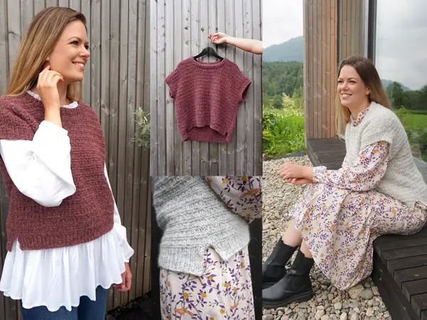 Dame i rød strikket vest