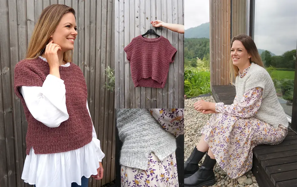 Dame i rød strikket vest