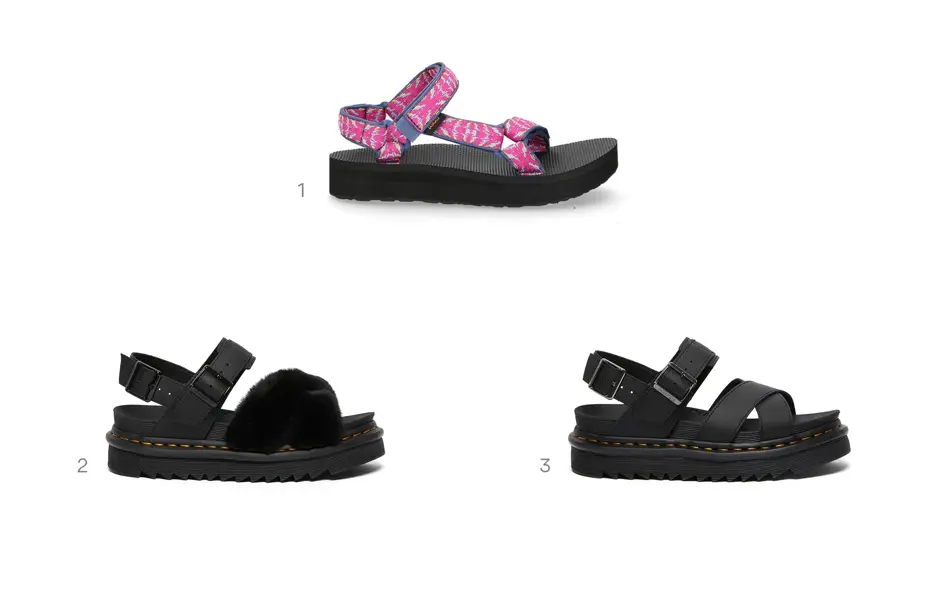 kollasj av produktbilder, 2 rosa og 1 svart sandal