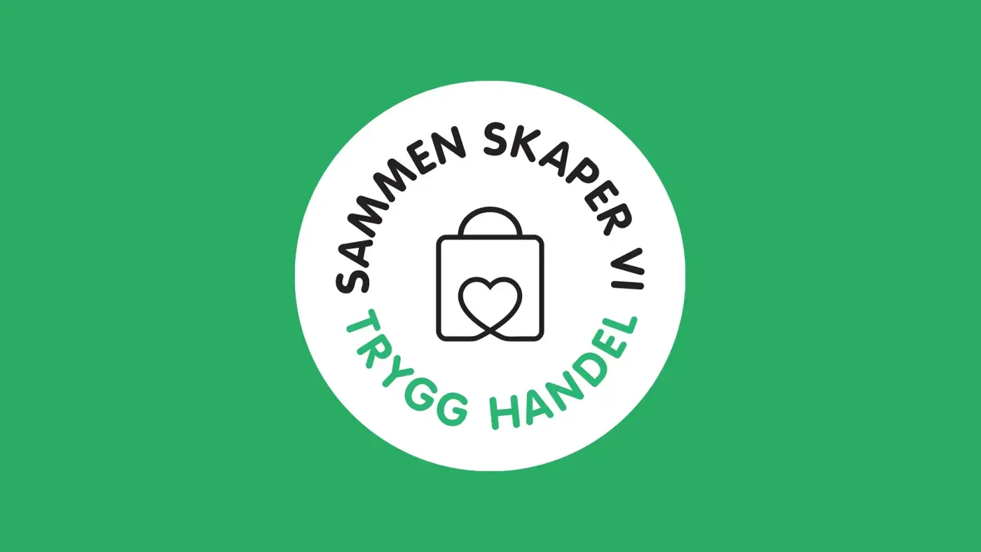 Trygg handel-logo med teksten "sammen skaper vi trygg handel" på grønn bakgrunn