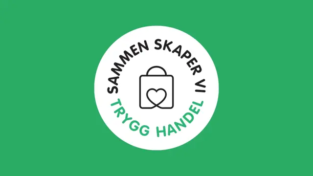 Trygg handel-logo med teksten "sammen skaper vi trygg handel" på grønn bakgrunn