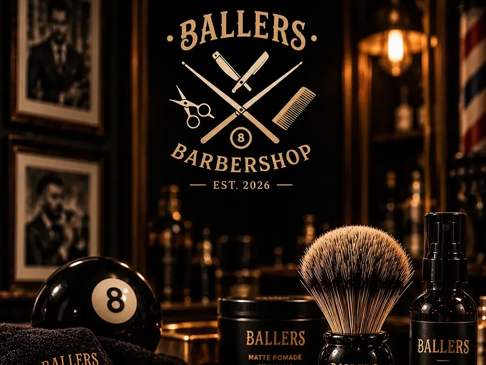 En mörk bild med prylar för en Barber Shop och ett bowlingklot