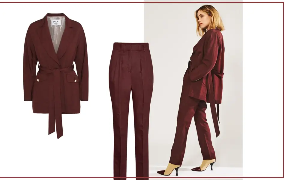 Kollasj av burgunder dress 