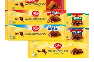 Seks store Freia sjokoladeplater med forskjellige smaker.