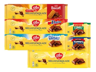 Seks store Freia sjokoladeplater med forskjellige smaker.