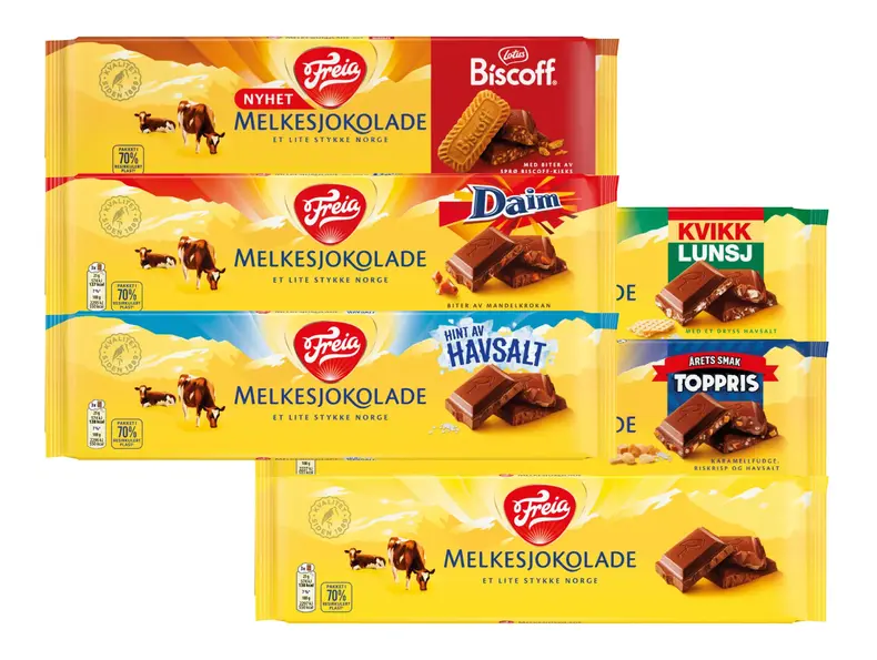 Seks store Freia sjokoladeplater med forskjellige smaker.