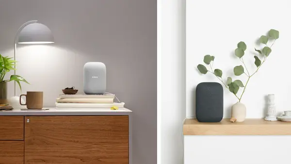 google nest audio i lysegrå og mørkegrå