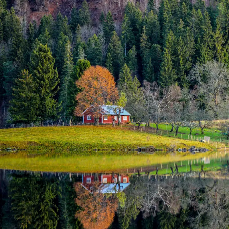 Semsvann i Asker. En rød hytte, med huskestativ utenfor. I forgrunnen ses vann. i bakgrunn skog i høstfarger.