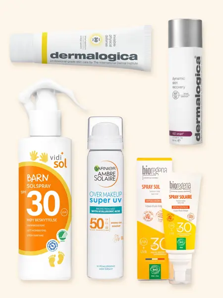 Kollasj med solkremprodukter