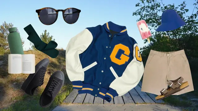 Collage jakke, solbriller, shorts, sandaler, is, drikkeflaske, joggesko, bok.