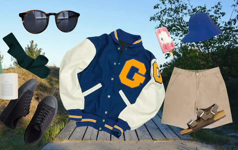 Collage jakke, solbriller, shorts, sandaler, is, drikkeflaske, joggesko, bok.