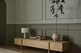 TV-benk i lyst tre med bordlampe, bøker og plante i krukke.