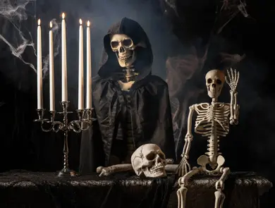 Halloween dekorajsoner med skjelett og lysestake.