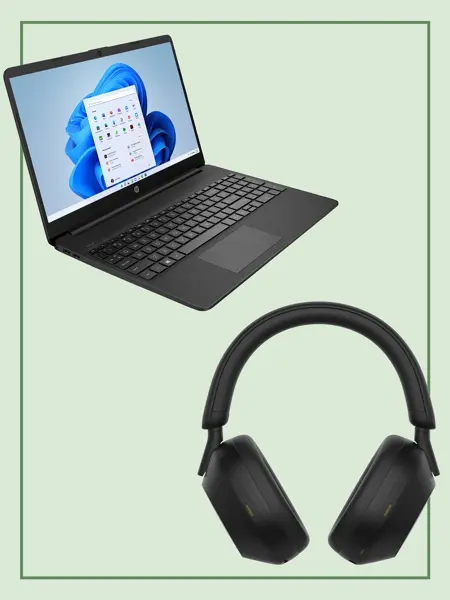 Kollasj av laptop og hodetelefoner