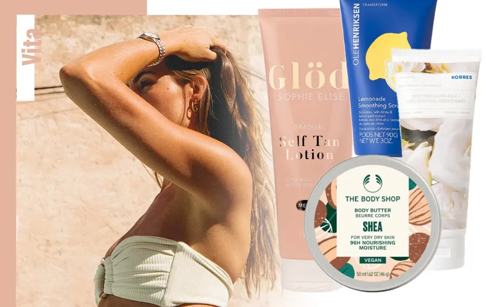 Dame med hånden i håret og skjønnhetsprodukter for kroppen