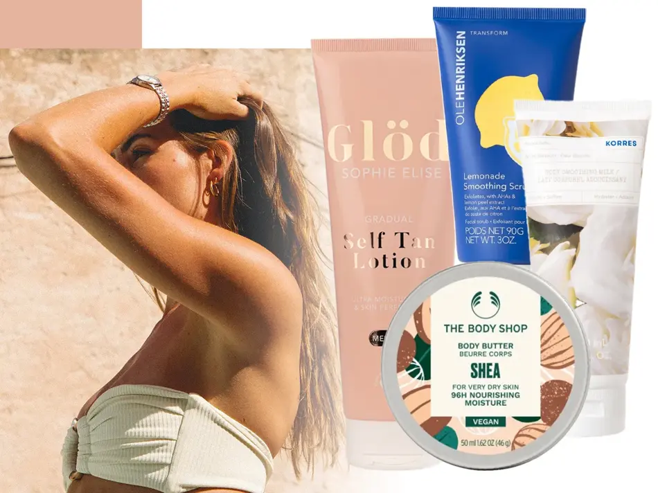 Dame med hånden i håret og skjønnhetsprodukter for kroppen