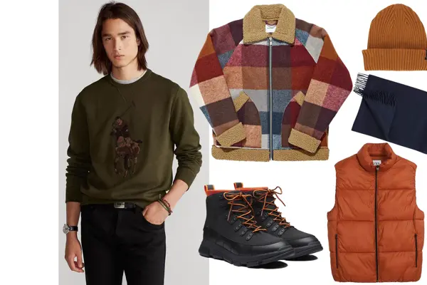 kollasj av mann med grønn collegegenser, og produkter rutete jakke, beanie, sko, vest