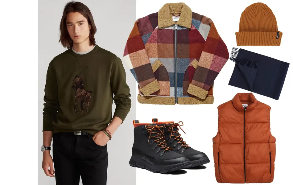 kollasj av mann med grønn collegegenser, og produkter rutete jakke, beanie, sko, vest