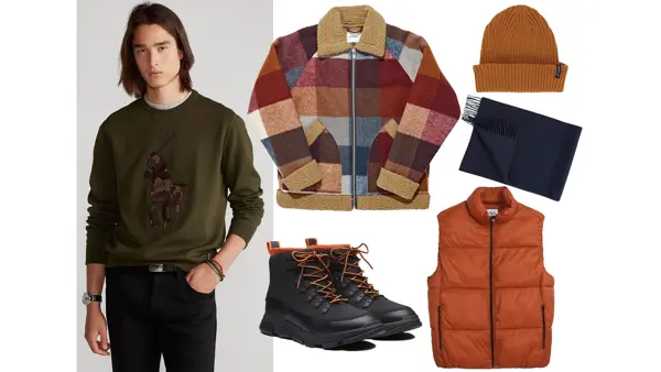 kollasj av mann med grønn collegegenser, og produkter rutete jakke, beanie, sko, vest