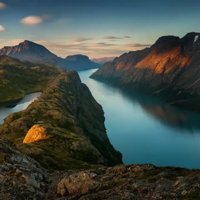 Panorama of Gjende Lake in Jotunheimen mountains, Norway