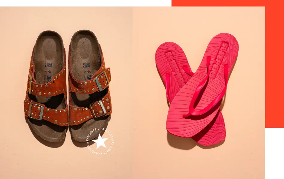 Digg på foten: Birkenstocks med nagler fra Grændsen Skotøimagazin og røde Sleepers fra Companys.