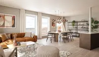 Illustrasjon av møblert stue med sofa, stoler, tepper, lamper, bilde, hyller og spisestue