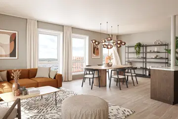 Illustrasjon av møblert stue med sofa, stoler, tepper, lamper, bilde, hyller og spisestue