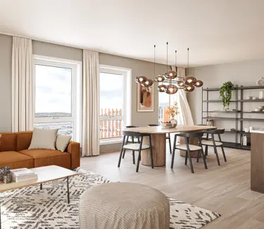 Illustrasjon av møblert stue med sofa, stoler, tepper, lamper, bilde, hyller og spisestue