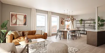 Illustrasjon av møblert stue med sofa, stoler, tepper, lamper, bilde, hyller og spisestue