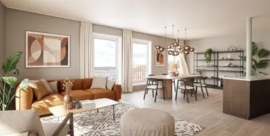 Illustrasjon av møblert stue med sofa, stoler, tepper, lamper, bilde, hyller og spisestue