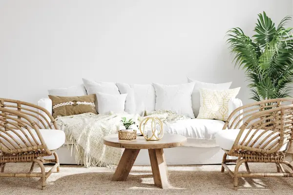 White cozy living room interior, Coastal Boho style, 3d render