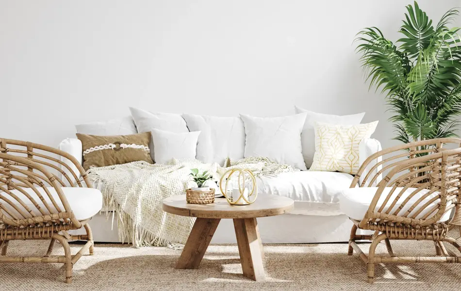 White cozy living room interior, Coastal Boho style, 3d render