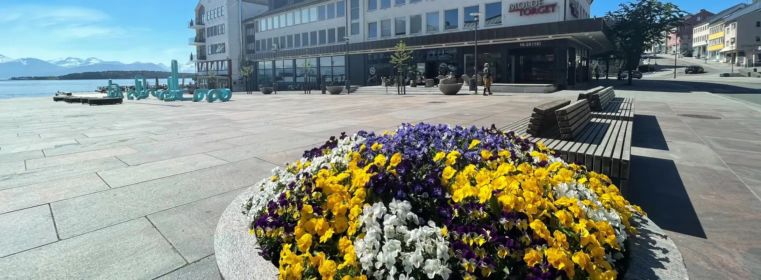 Fasadebilde av kjøpesenteret MoldeTorget. Bildet viser kjøpesenteret i bakgrunnen med sjø, blomster og kunst i forgrunnen.