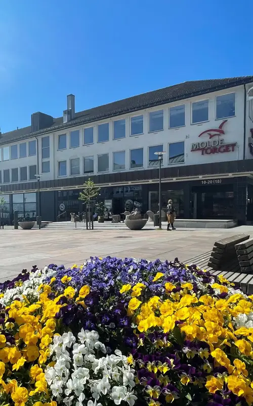 Fasadebilde av kjøpesenteret MoldeTorget. Bildet viser kjøpesenteret i bakgrunnen med sjø, blomster og kunst i forgrunnen.