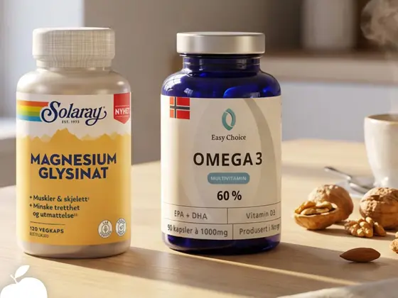 Kosttilskudd med magnesium og omega-3 på et bord.