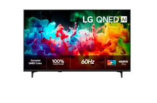LG QNED-TV med fargerikt motiv på skjermen.