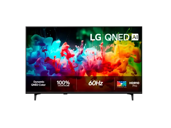 LG QNED-TV med fargerikt motiv på skjermen.