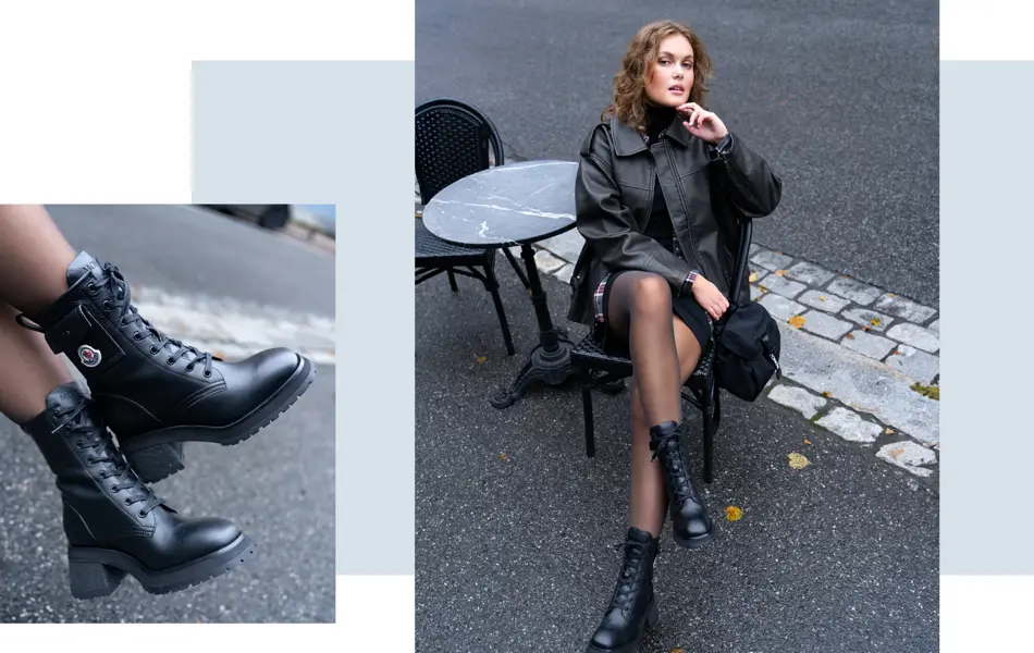 Style skinnjakka med et kort skjørt og en rutet skjorte for et hverdagslig og avslappet uttrykk. Skjørt fra Cubus og skjorte fra Bik Bok , kr 399,- De chunky bootsene er et nøkkelplagg denne sesongen, og kan brukes år etter år. Boots fra Moncler, Follestad, kr 10.199,- 