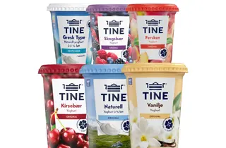 Utvalg av yoghurt fra Tine i ulike smaker.