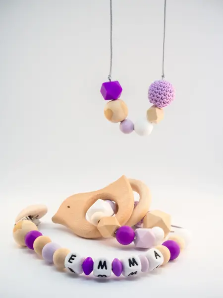 Purple handmade silicone breastfeeding necklace, pacifier clip and teething ring
