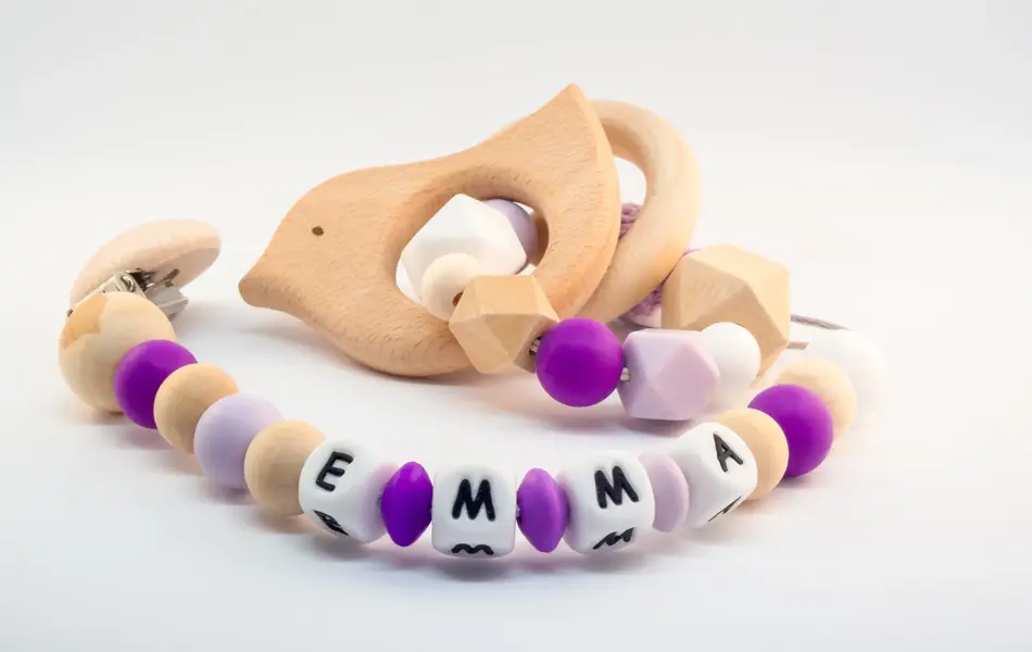 Purple handmade silicone breastfeeding necklace, pacifier clip and teething ring