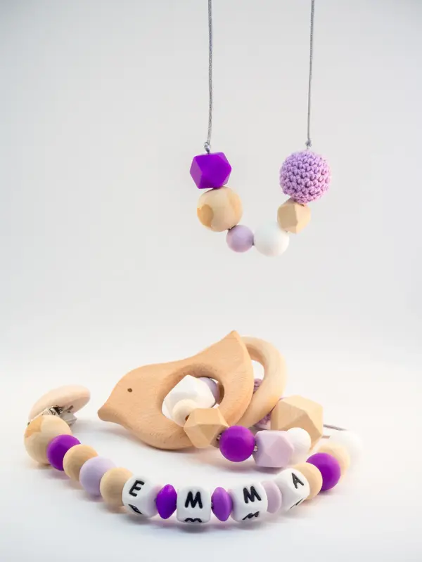 Purple handmade silicone breastfeeding necklace, pacifier clip and teething ring